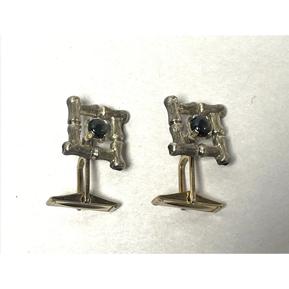 Vintage Sterling Silver Bamboo Style Cufflinks Black Stone Gold Tone Backs MCM